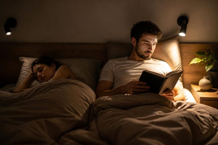 découvrez l'action précise de l'applique liseuse offrant un éclairage ciblé, conçu pour ne pas gêner votre partenaire, idéale pour une lecture confortable en duo.