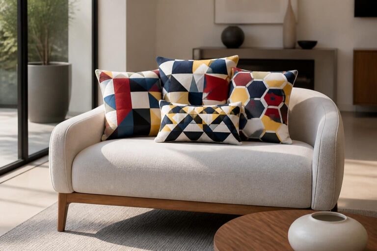 découvrez comment l'association des coussins à motifs géométriques dynamise visuellement votre assise principale, apportant style et modernité à votre intérieur.