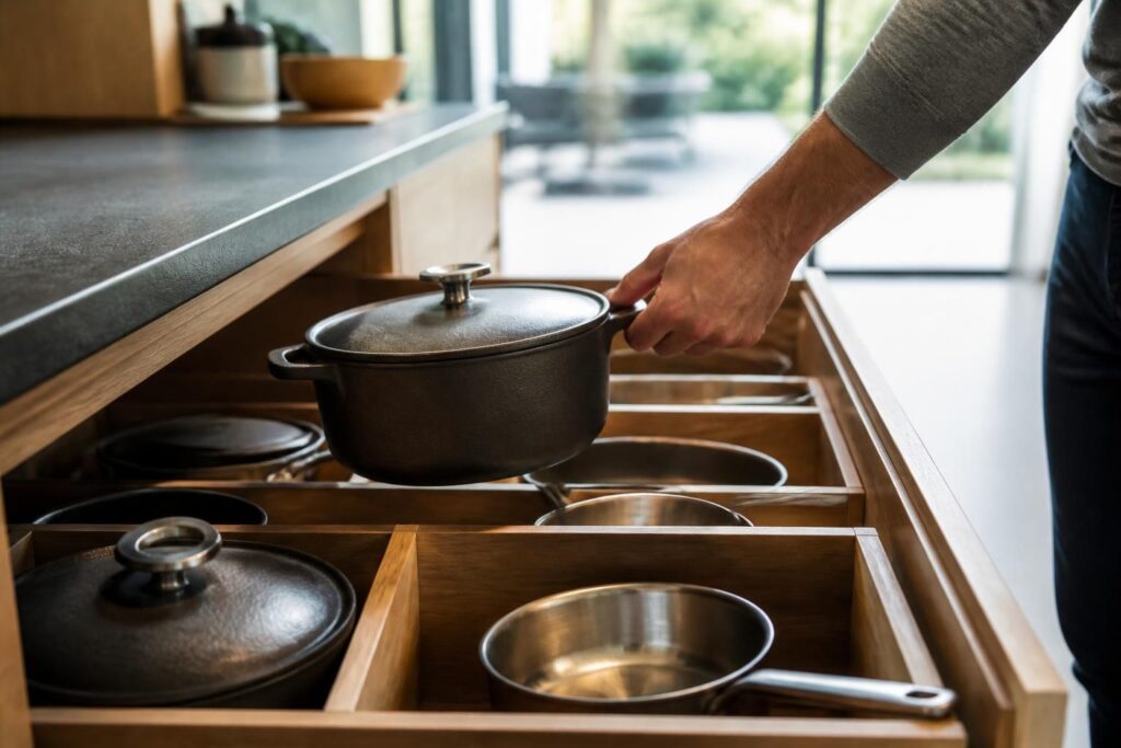 découvrez comment le tiroir casserolier améliore l'accessibilité aux ustensiles lourds, facilitant leur rangement et leur utilisation quotidienne en cuisine.