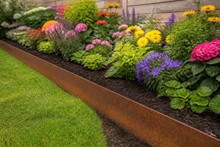 découvrez comment une liaison directe en acier corten crée une bordure de jardin élégante et assure une délimitation nette et durable de vos parterres de fleurs.