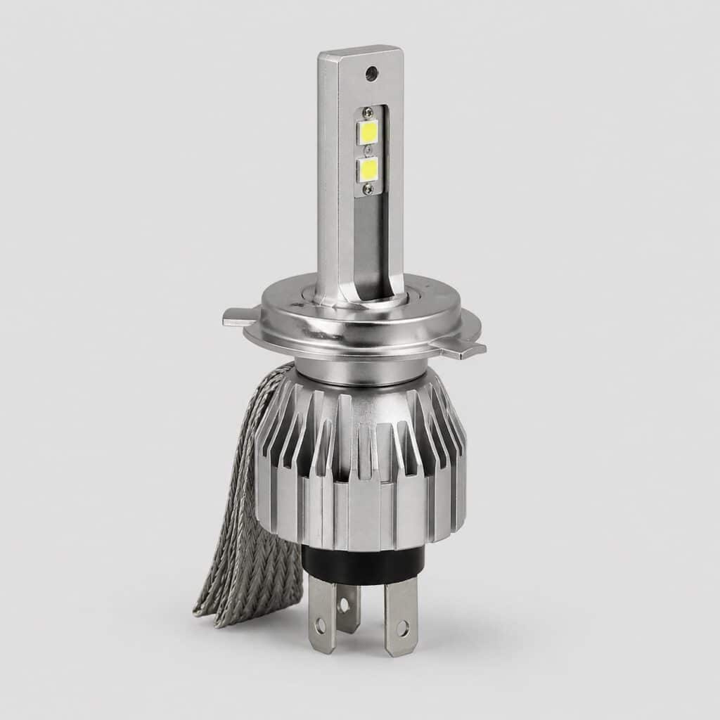 Ampoule LED de phare à culot H4, corps aluminium à ailettes, vue de trois quarts sur fond clair
