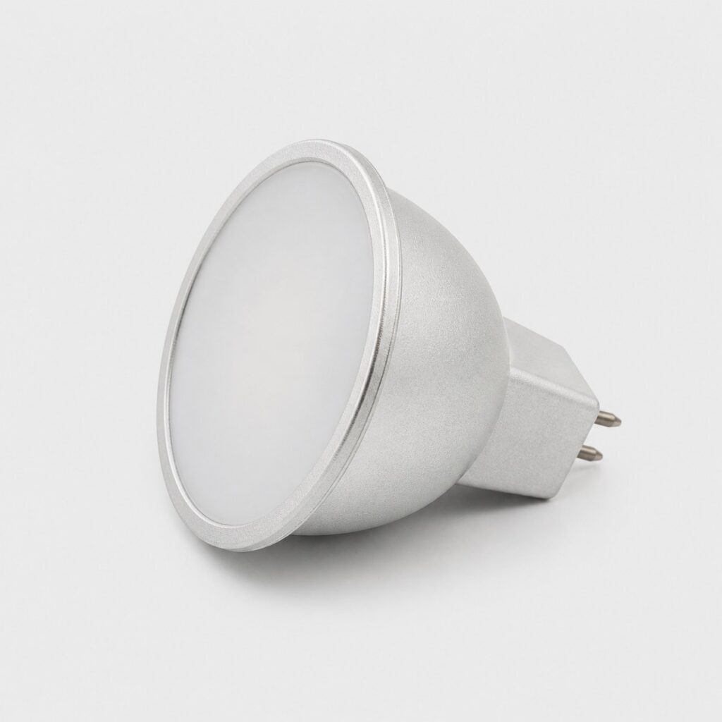 Ampoule LED basse tension 12V type spot à réflecteur, vue de trois quarts sur fond clair