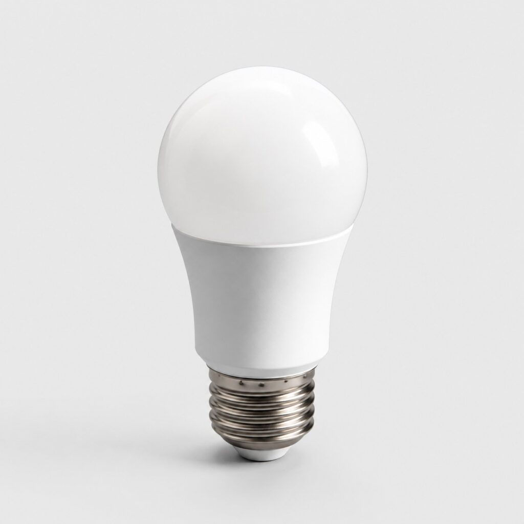 Ampoule LED connectée à culot E27, base blanche logeant l'électronique, vue de trois quarts sur fond clair