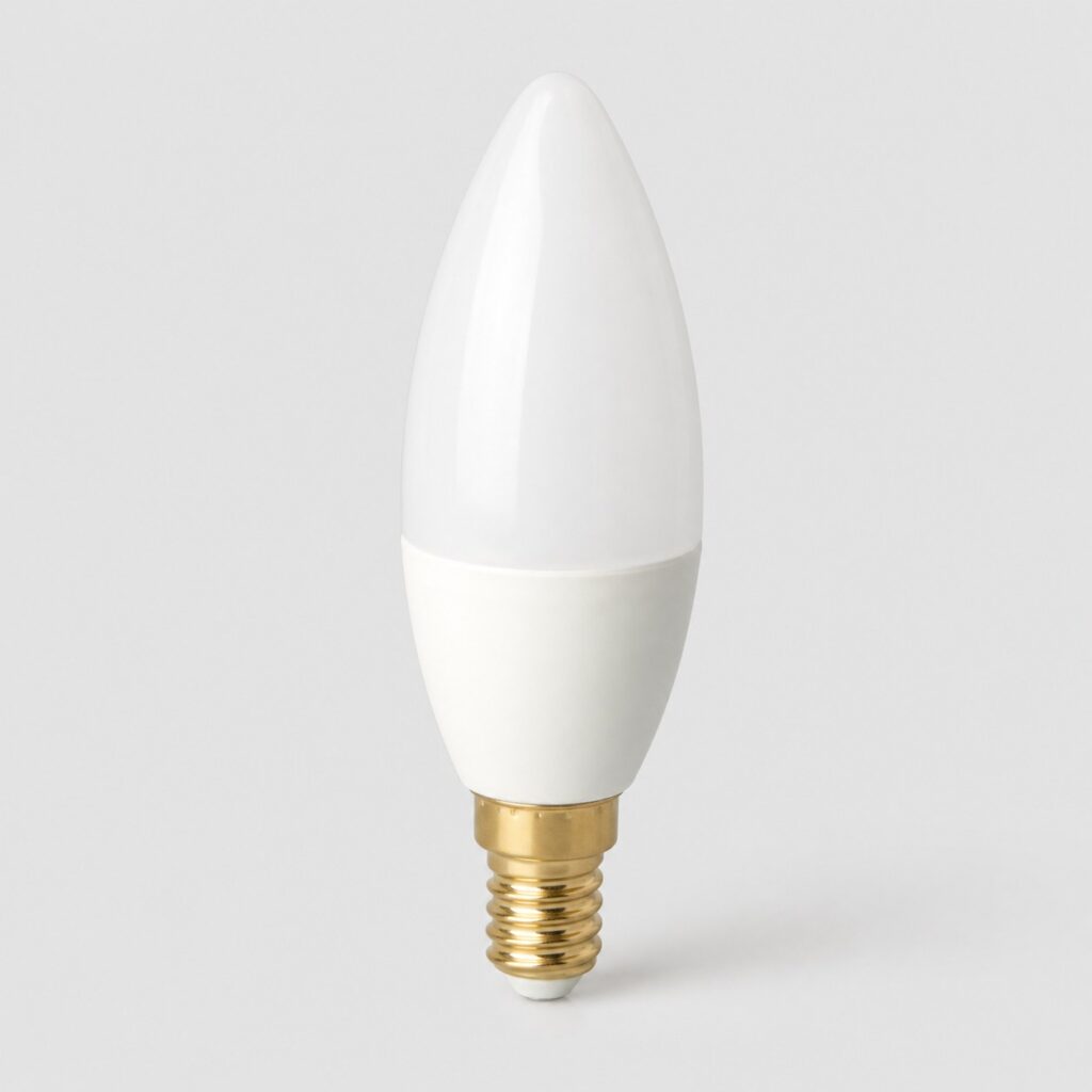 Ampoule LED à culot E14 forme flamme, verre dépoli, vue de trois quarts sur fond clair