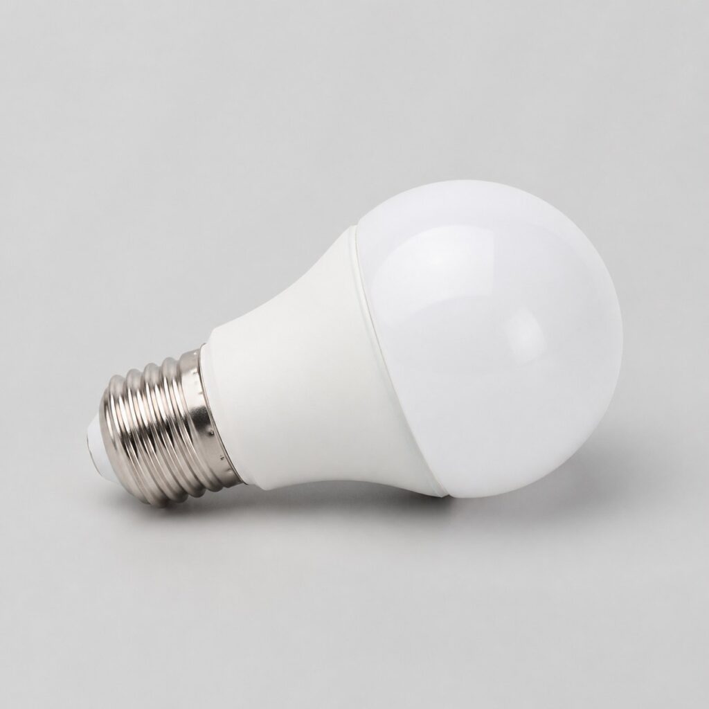 Ampoule LED à culot E27 standard forme sphérique, verre dépoli, vue de trois quarts sur fond clair