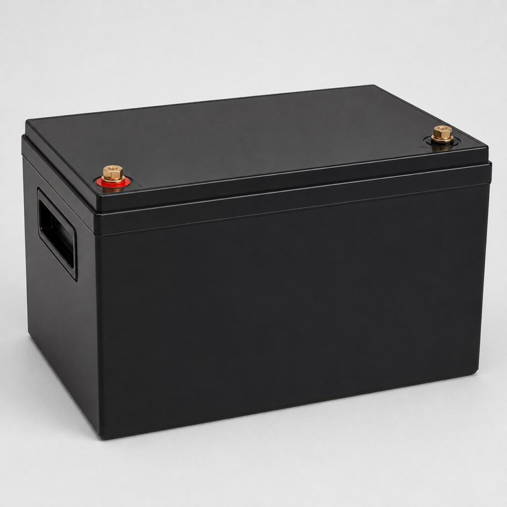 Batterie solaire 12V monobloc a boitier noir et bornes a vis, vue de trois quarts sur fond clair