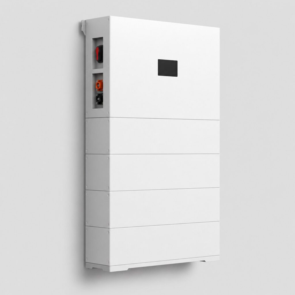Pack de stockage solaire domestique 15 kWh en armoire murale blanche, vue de trois quarts sur fond clair
