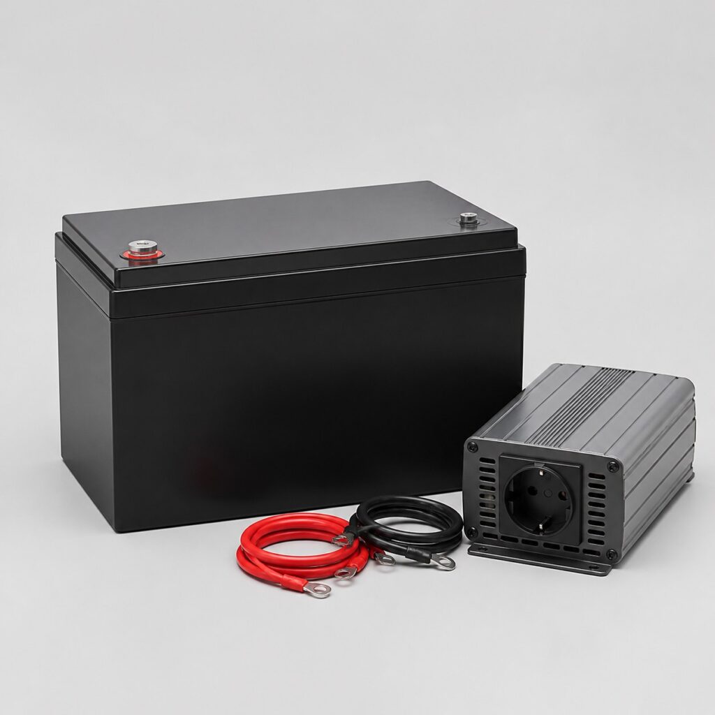 Ensemble batterie 12V et onduleur avec prise 230V, vue de trois quarts sur fond clair