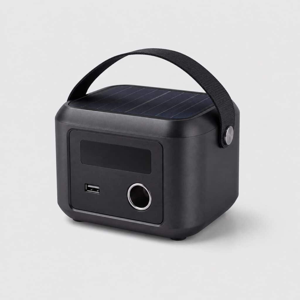 Petite batterie solaire de camping compacte grise avec sorties USB et 12V, vue de trois quarts sur fond clair