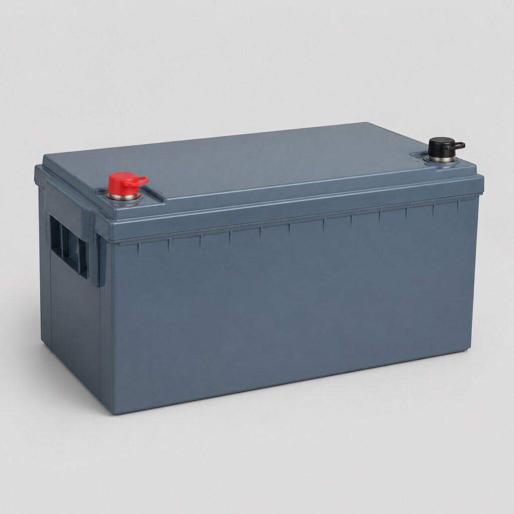 Batterie lithium LiFePO4 12V 200Ah a boitier bleu-gris massif, vue de trois quarts sur fond clair