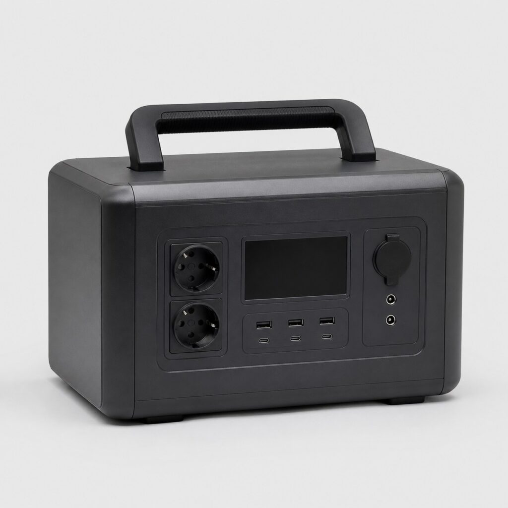 Station d'energie portable solaire grise a poignee avec prises 230V et USB, vue de trois quarts sur fond clair