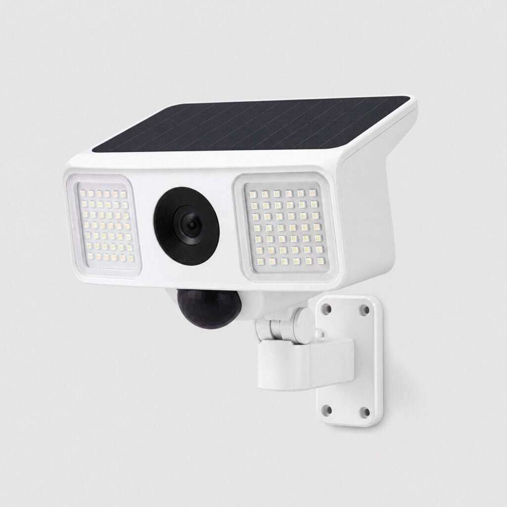 Caméra solaire lumineuse blanche à projecteur double et panneau intégré, vue de trois quarts sur fond clair
