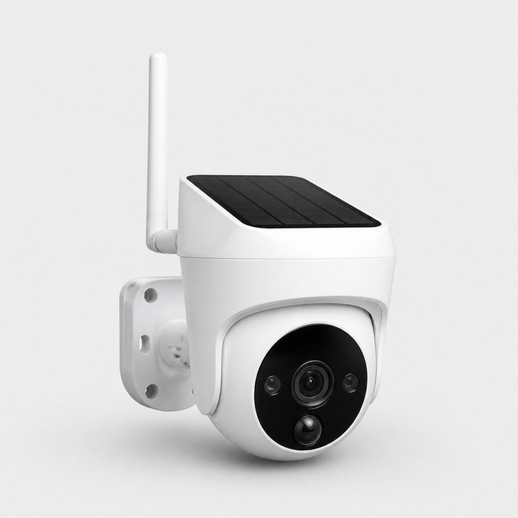 Caméra solaire Wi-Fi blanche compacte à panneau intégré, vue de trois quarts sur fond clair