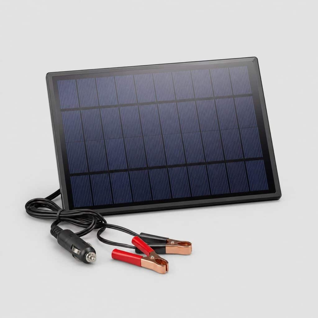 Petit panneau solaire de maintien 12 V à pinces crocodile, vue de trois quarts sur fond clair