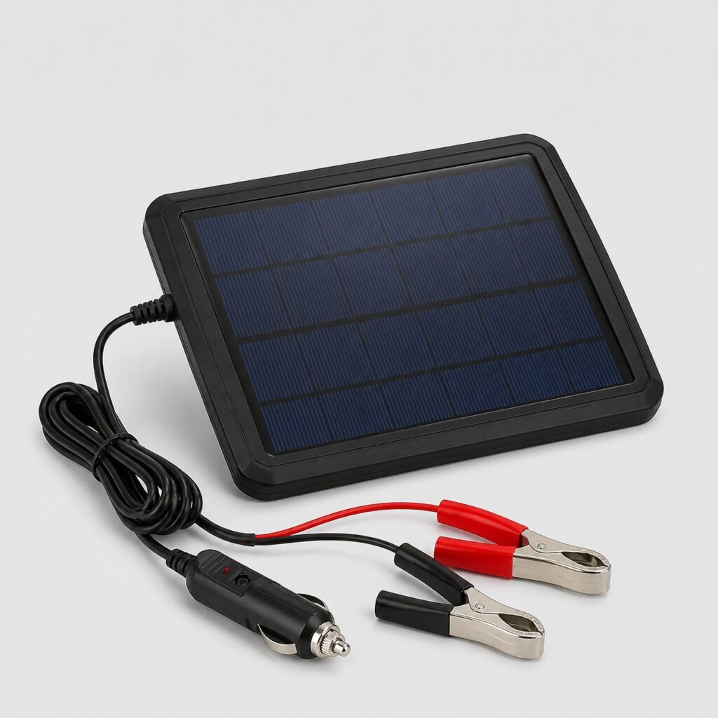 Mainteneur de batterie solaire pour voiture à pinces crocodile, vue de trois quarts sur fond clair