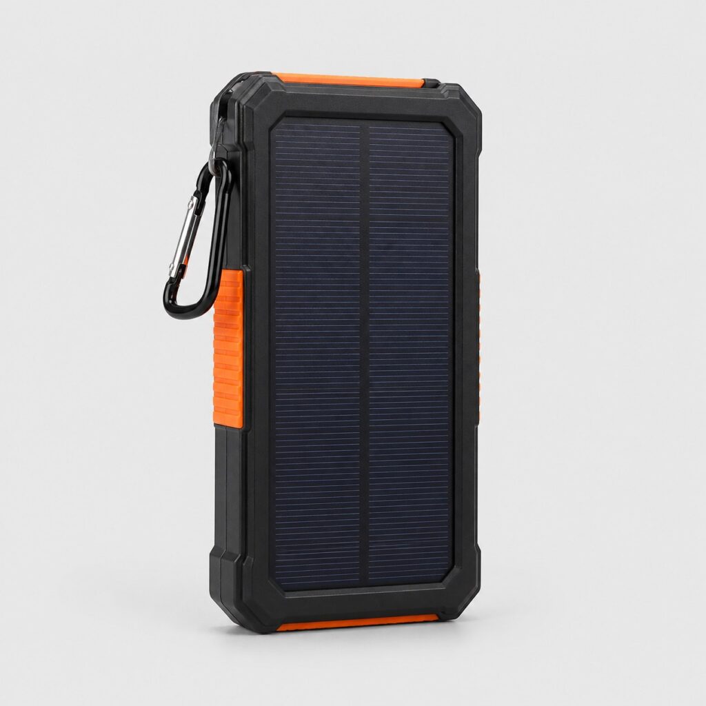 Batterie externe solaire à ports USB-A et USB-C, vue de trois quarts sur fond clair