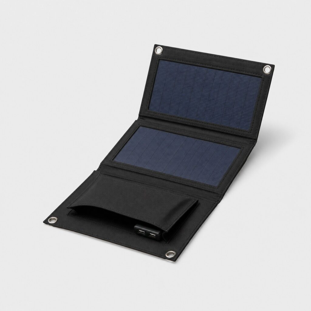 Chargeur solaire nomade pliable à volets et sortie USB, déployé sur fond clair
