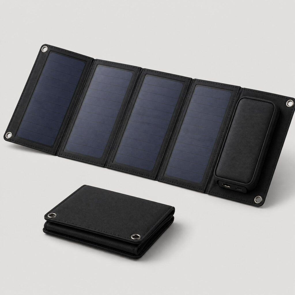 Chargeur solaire pliable à volets avec sorties USB, déployé sur fond clair