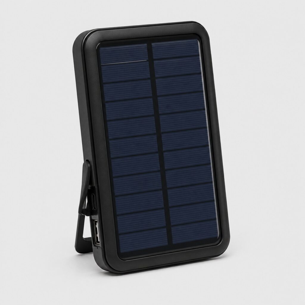 Petit chargeur solaire USB à ports USB-A et USB-C, vue de trois quarts sur fond clair