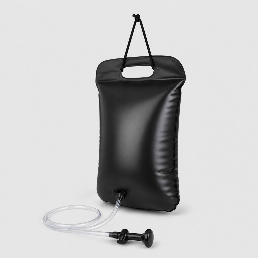 Douche solaire de camping nomade, poche souple noire pliable, vue de trois quarts sur fond clair