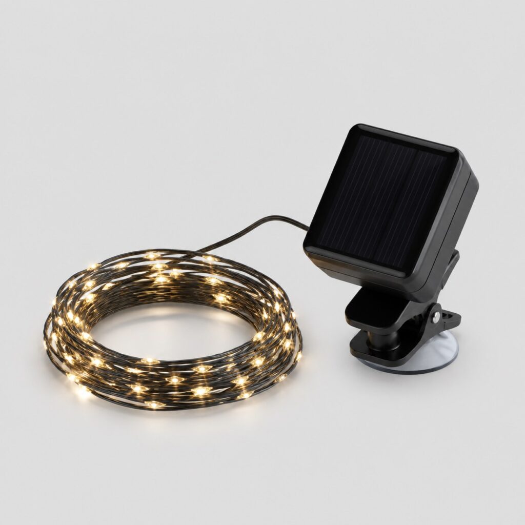 Guirlande solaire de balcon courte à petites LED blanc chaud, fond clair