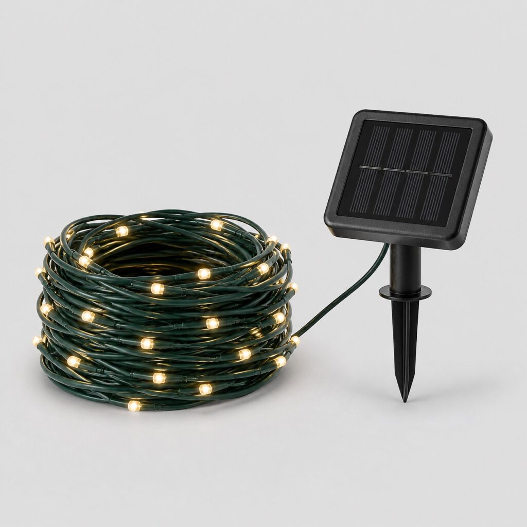 Guirlande solaire d'extérieur à micro-LED blanc chaud sur fil souple, fond clair