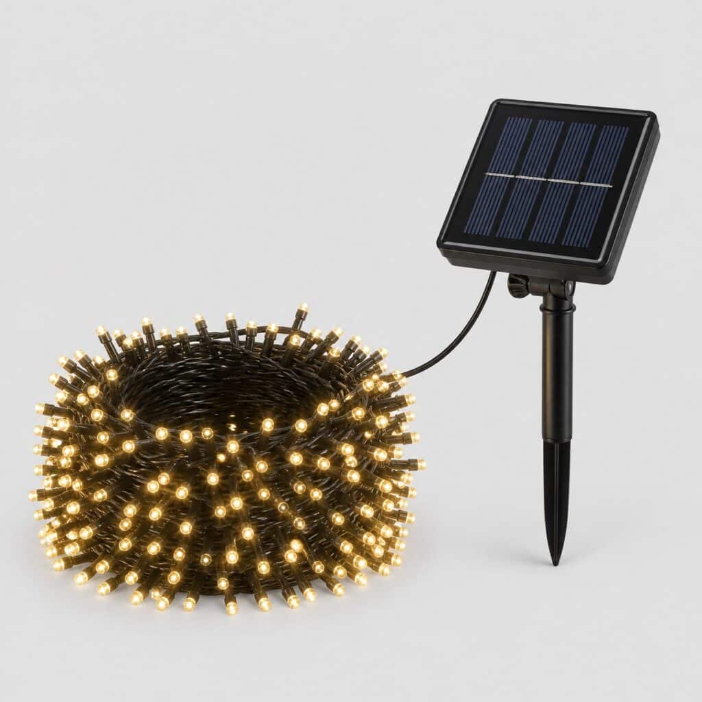 Guirlande solaire extérieur puissante à LED blanc chaud très denses, fond clair