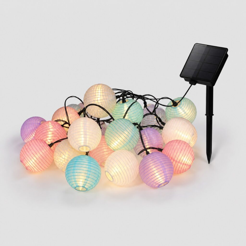 Guirlande solaire à lampions pastel à LED blanc chaud interne, fond clair