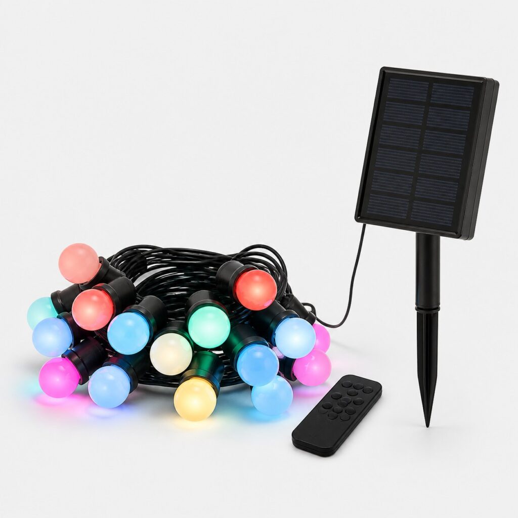 Guirlande solaire multicolore à LED RGB, ampoules rouge vert bleu, fond clair