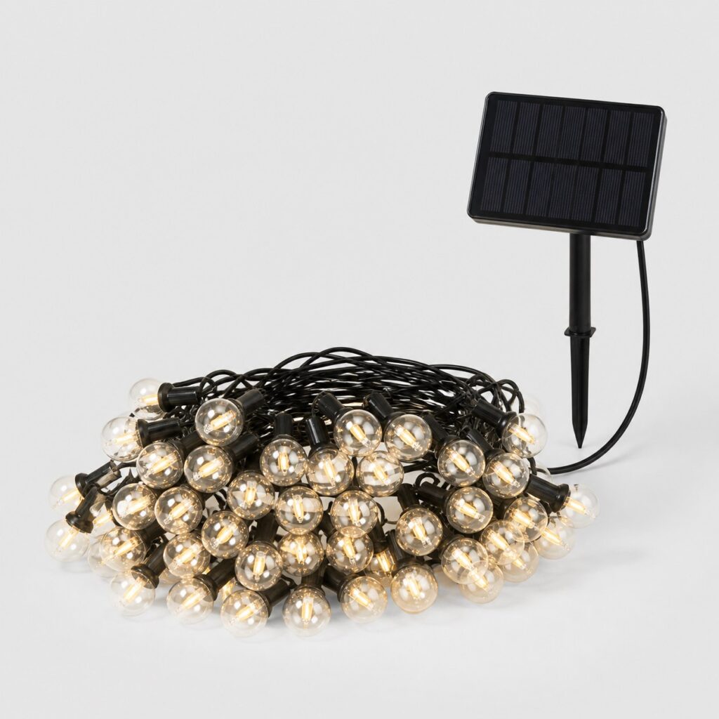 Guirlande solaire puissante à grosses ampoules filament LED très rapprochées, fond clair