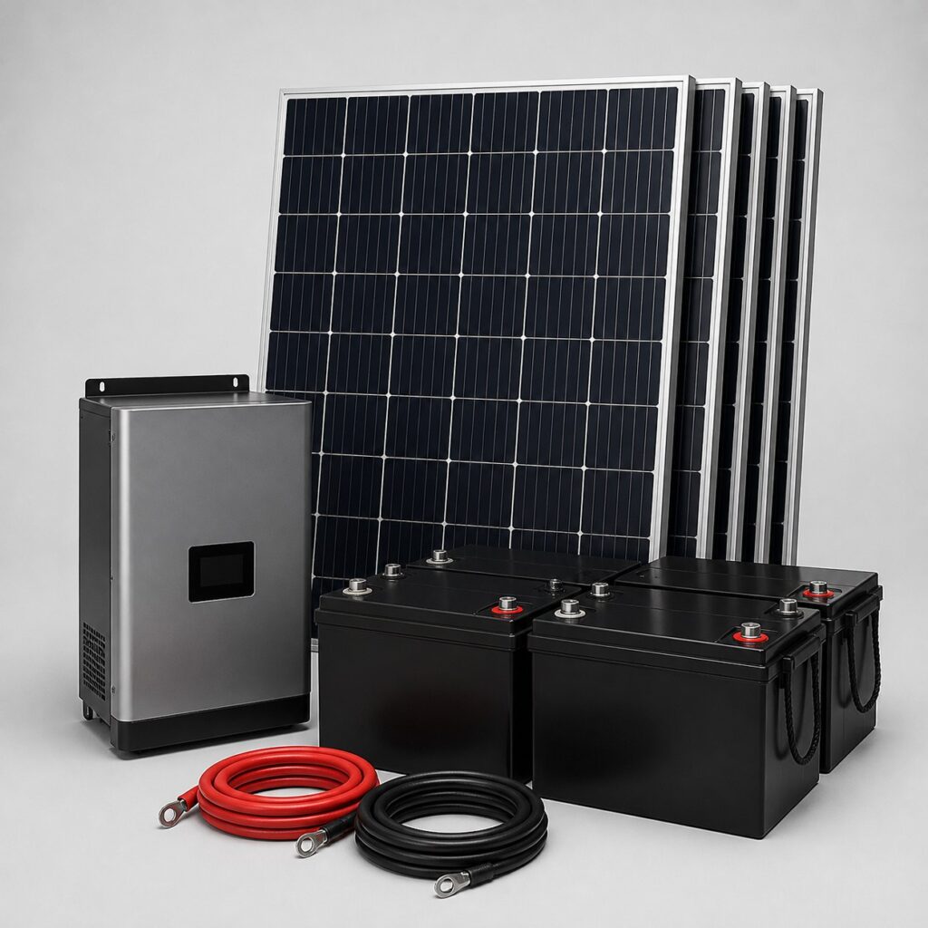 Kit solaire 3000W à batterie plomb, panneaux, onduleur et parc de batteries sur fond clair