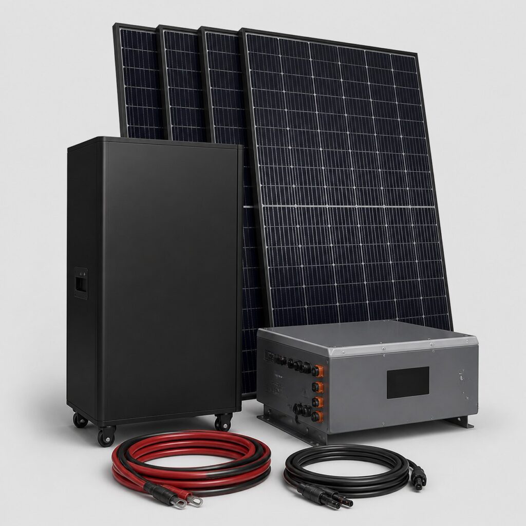 Kit solaire 3000W lithium, panneaux, onduleur et batterie lithium sur fond clair