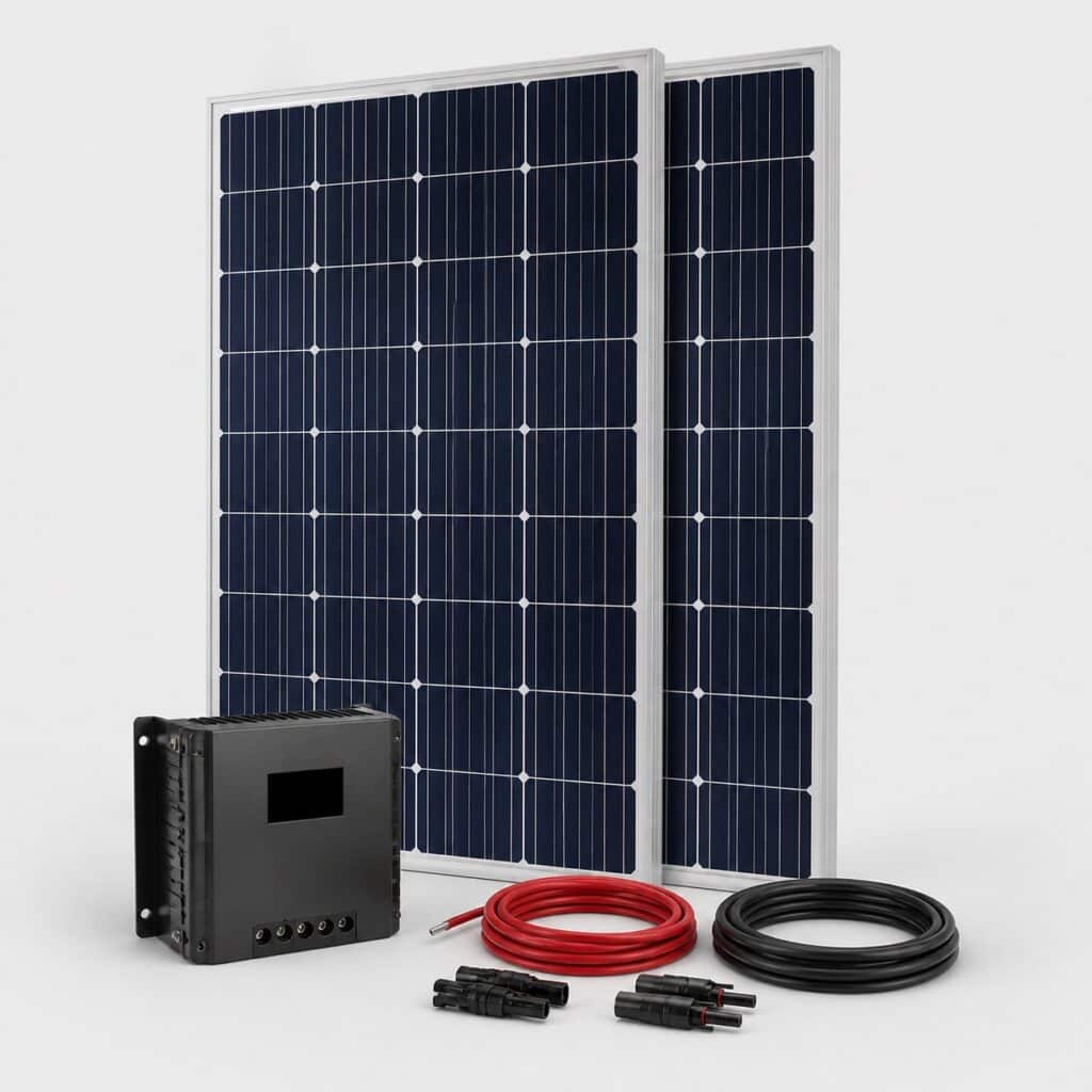 Kit solaire 400W, deux panneaux et régulateur MPPT sur fond clair