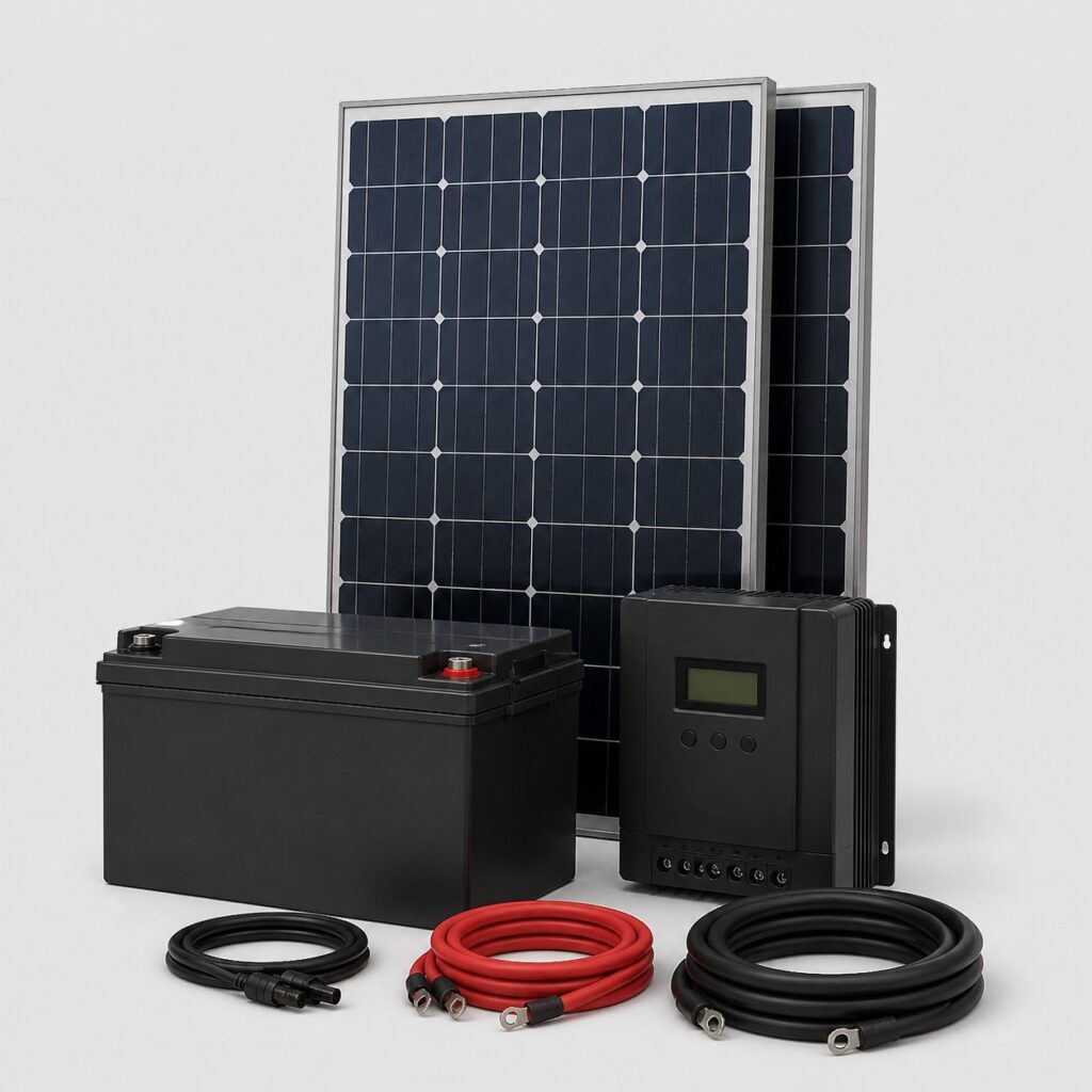 Kit solaire 500W avec batterie, deux panneaux, régulateur MPPT et grande batterie sur fond clair