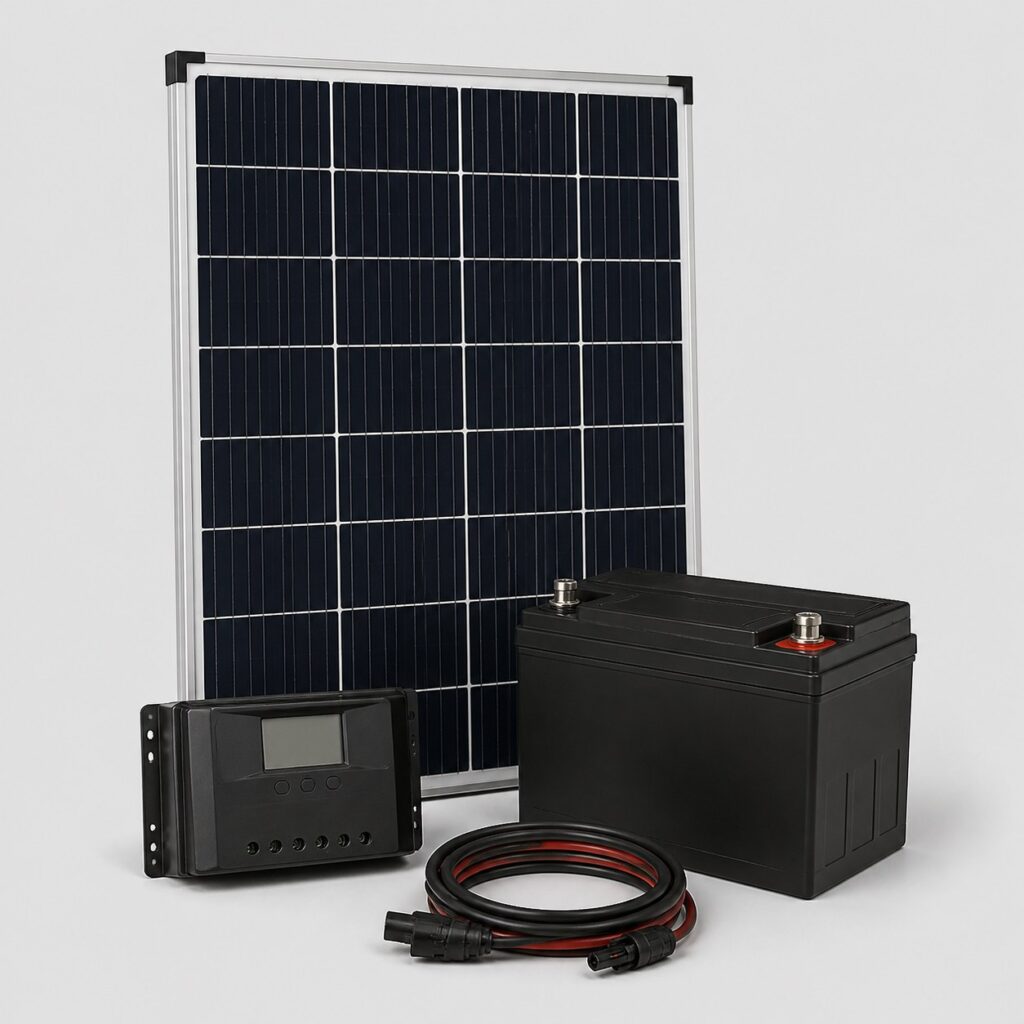 Kit solaire complet panneau, régulateur, batterie et câbles sur fond clair