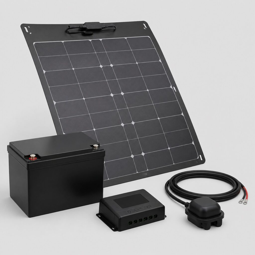 Kit solaire pour camping-car, panneau souple, régulateur et batterie sur fond clair