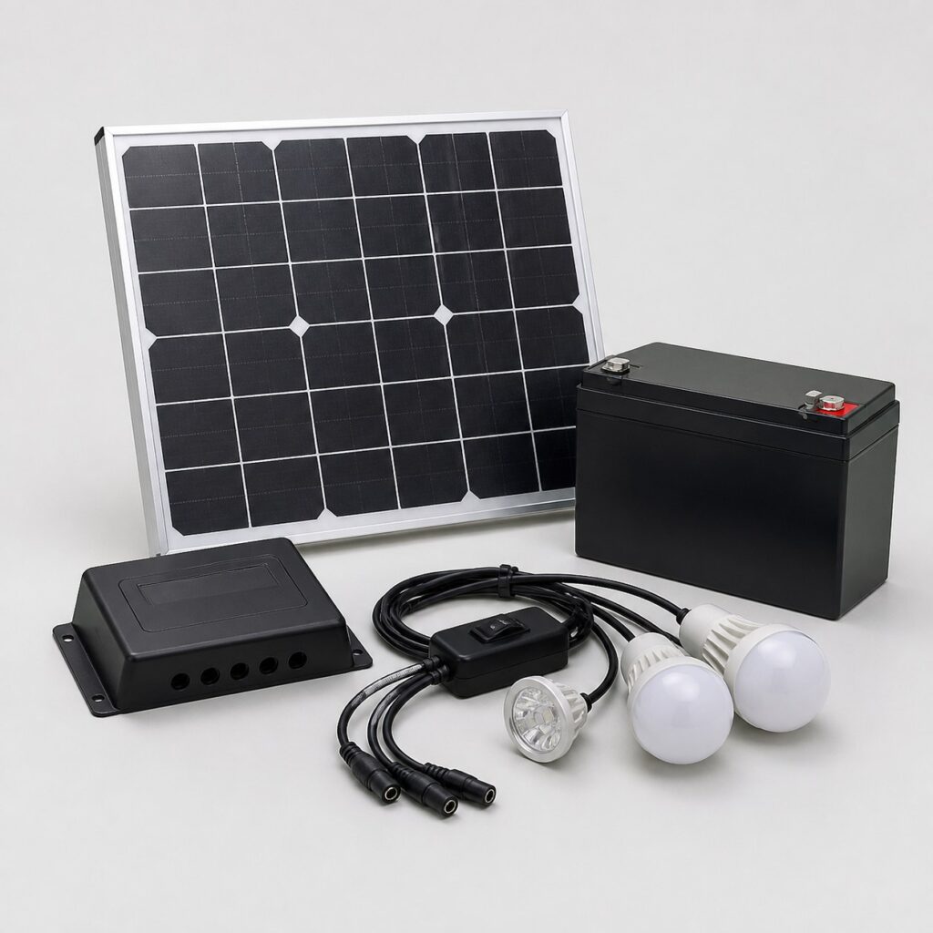 Petit kit solaire pour cabanon, panneau, régulateur, batterie et éclairage LED sur fond clair