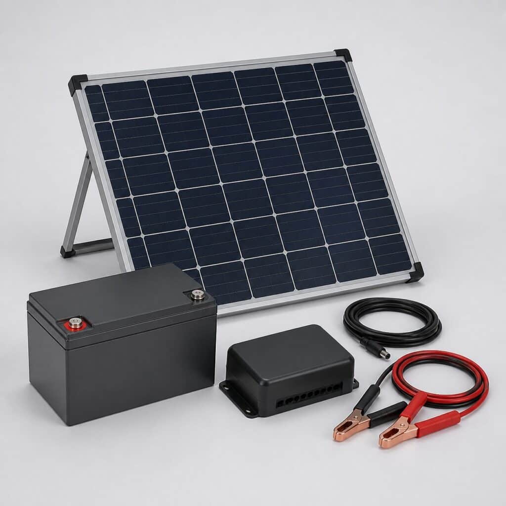 Petit kit solaire 12V autonome, panneau compact, régulateur et batterie sur fond clair