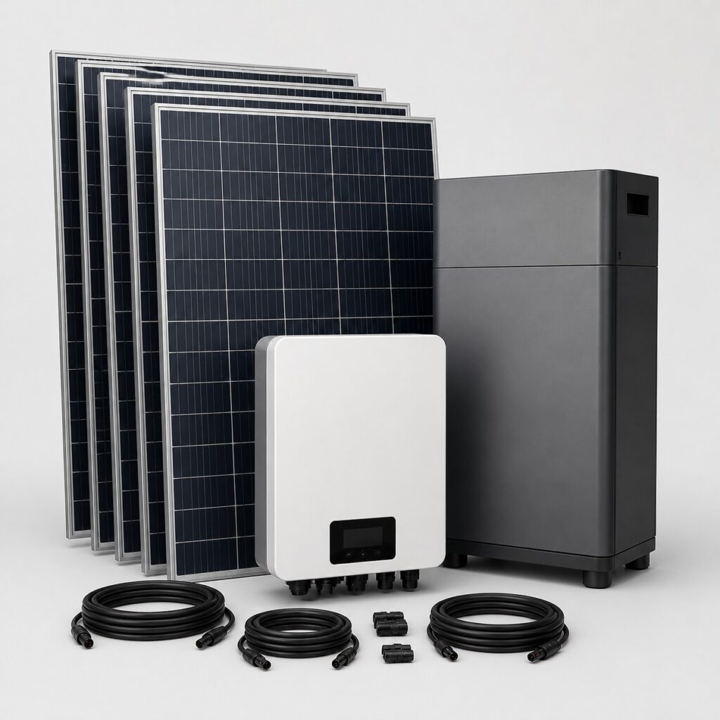 Kit solaire complet 3000W autonome avec grande batterie sur fond clair