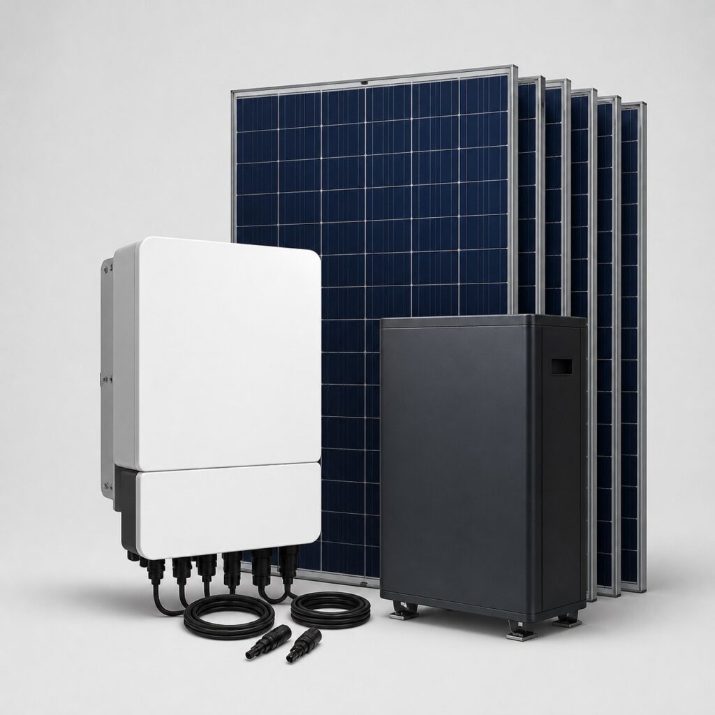 Kit solaire 3000W triphasé avec batterie, panneaux, onduleur triphasé et stockage sur fond clair