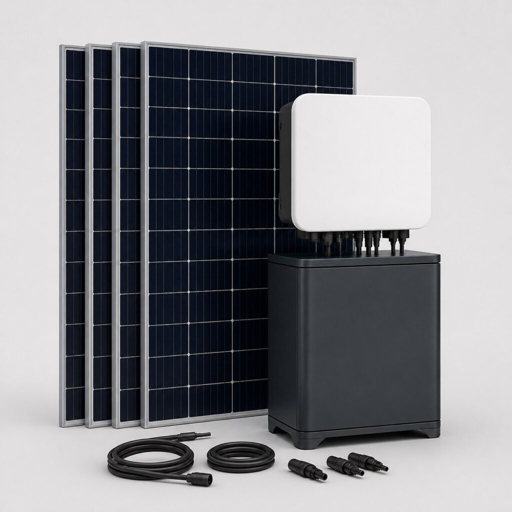 Kit solaire 3 kW avec batterie, panneaux, onduleur et stockage sur fond clair