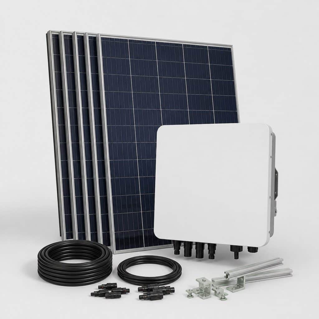 Kit solaire autoconsommation 3000W generique, panneaux et onduleur reseau sur fond clair