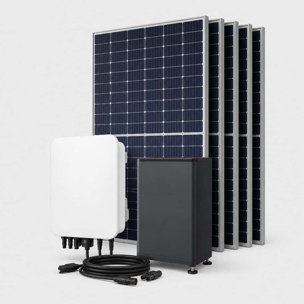 Kit solaire 3000W avec batterie, panneaux, onduleur hybride et stockage sur fond clair