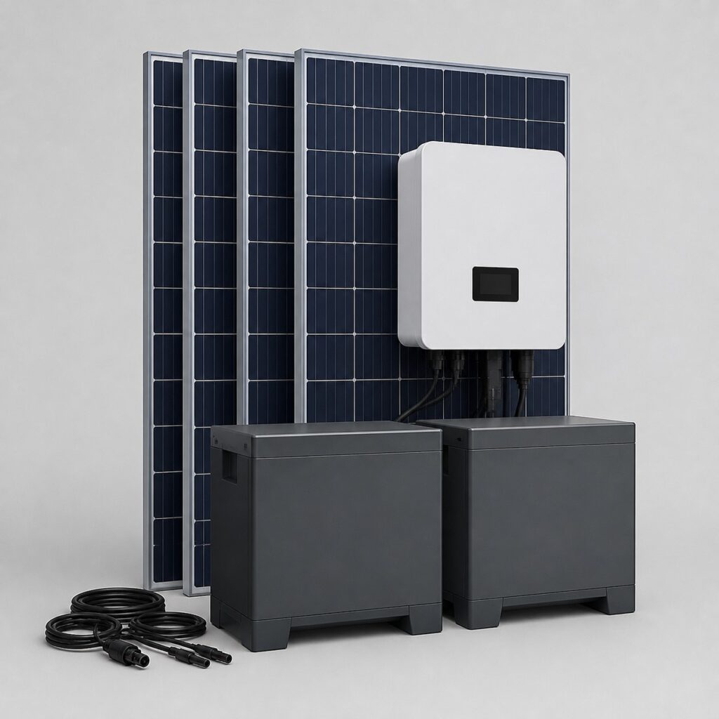 Kit solaire 3000W avec batterie, panneaux, onduleur et deux batteries sur fond clair