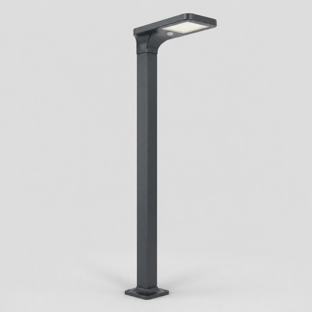 Lampadaire solaire à détecteur de mouvement, mât aluminium anthracite et capteur infrarouge, fond clair