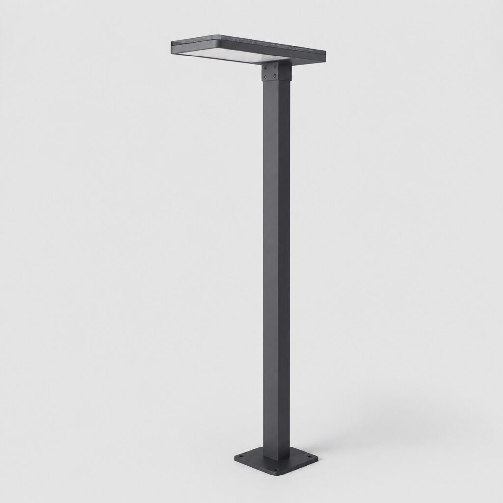 Lampadaire solaire d'extérieur sur pied à mât aluminium anthracite, vue de trois quarts sur fond clair