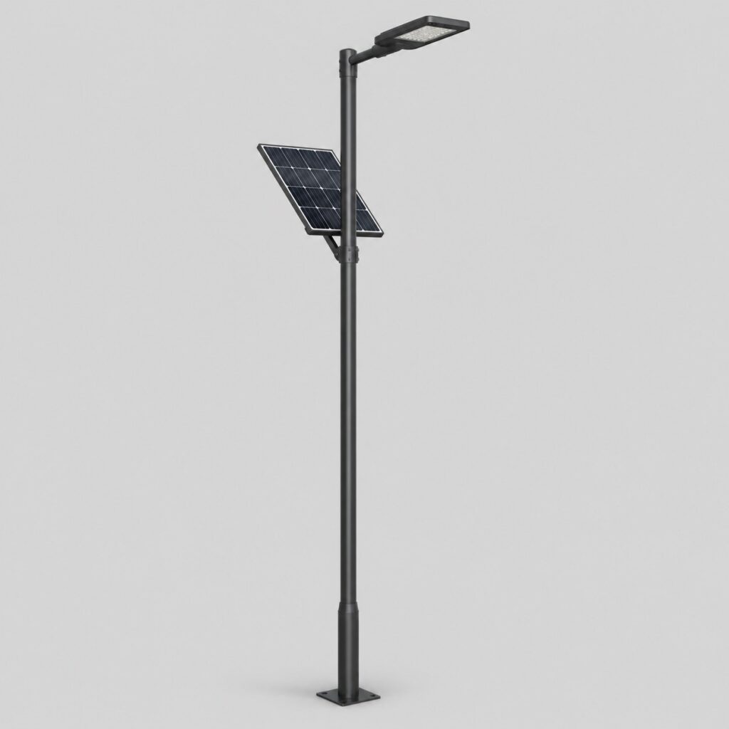 Lampadaire solaire sur pied à grand mât acier et platine de sol, panneau orientable, fond clair