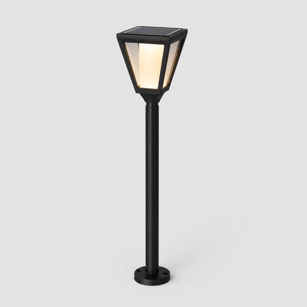 Lampadaire solaire de jardin à tête lanterne et mât aluminium noir, sur fond clair