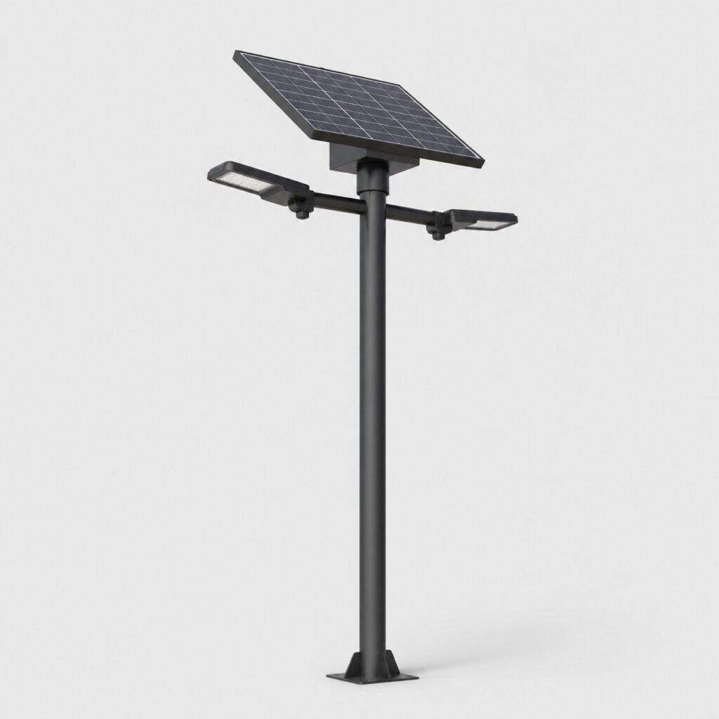 Lampadaire solaire puissant à deux têtes LED et grand panneau, sur mât acier, fond clair