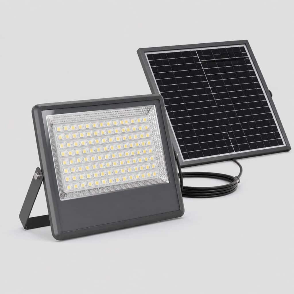 Lampe solaire puissante multi-LED à panneau déporté, vue de trois quarts sur fond clair